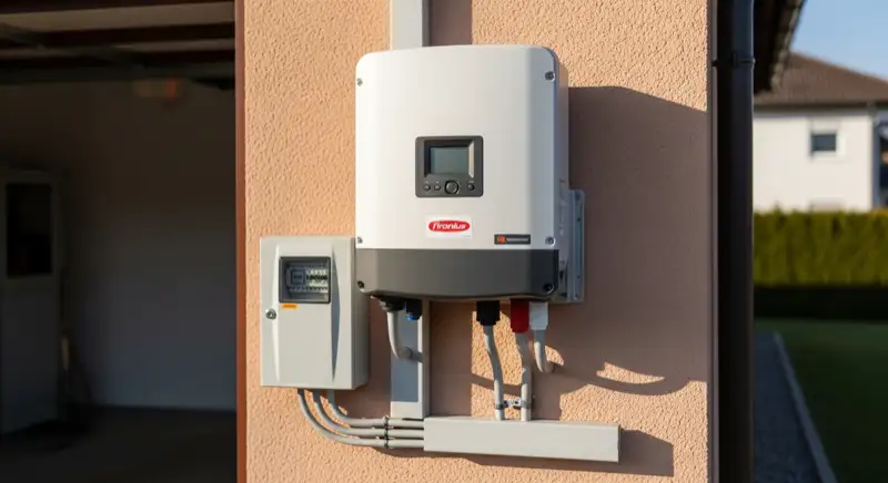 Modern solar inverter mounted on garage wall next to electrical panel, clean professional installation, natural daylight