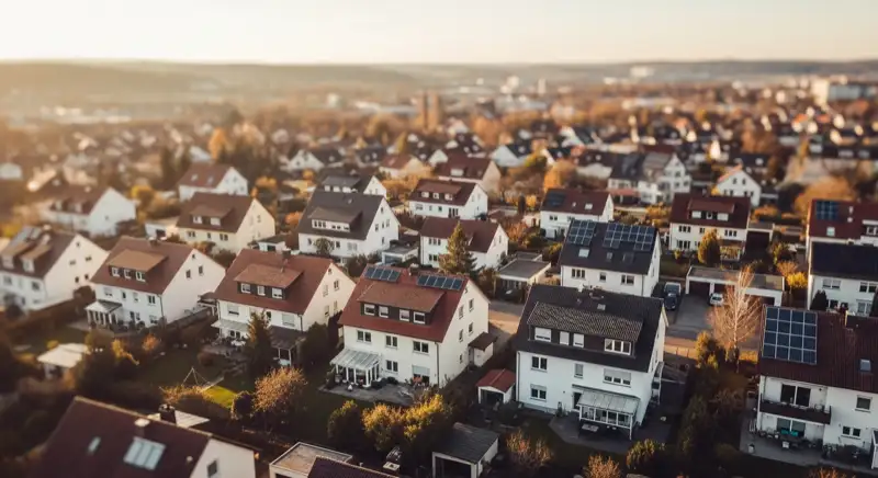 Aerial drone view of typical German residential neighborhood with mixed roof types, red and dark roof tiles, gardens visible, sunny day
