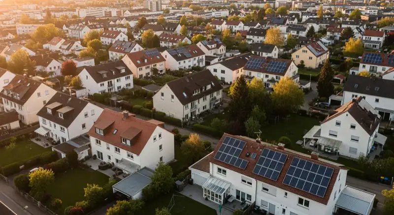 Aerial drone view of typical German residential neighborhood with mixed roof types, red and dark roof tiles, gardens visible, sunny day