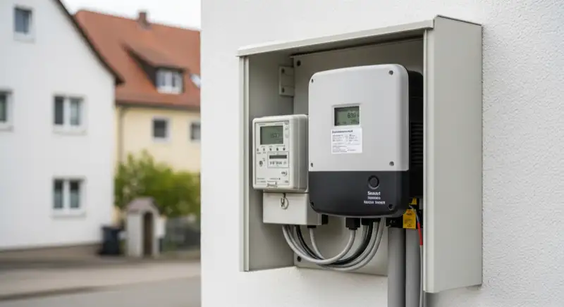 Modern German electrical meter cabinet (Zählerschrank) with smart meter and solar inverter connection, clean technical installation