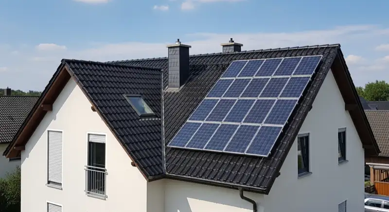 German detached house (Einfamilienhaus) with photovoltaic panels on pitched roof, well-maintained garden, warm afternoon sunlight