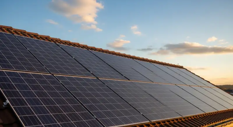 Close-up of photovoltaic solar panels installed on a traditional German Satteldach (gabled roof), blue sky with some clouds