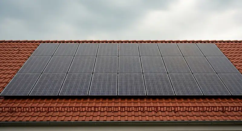 PV-Module auf typischem Augsburger Einfamilienhaus mit rotem Ziegeldach bei bewölktem Himmel