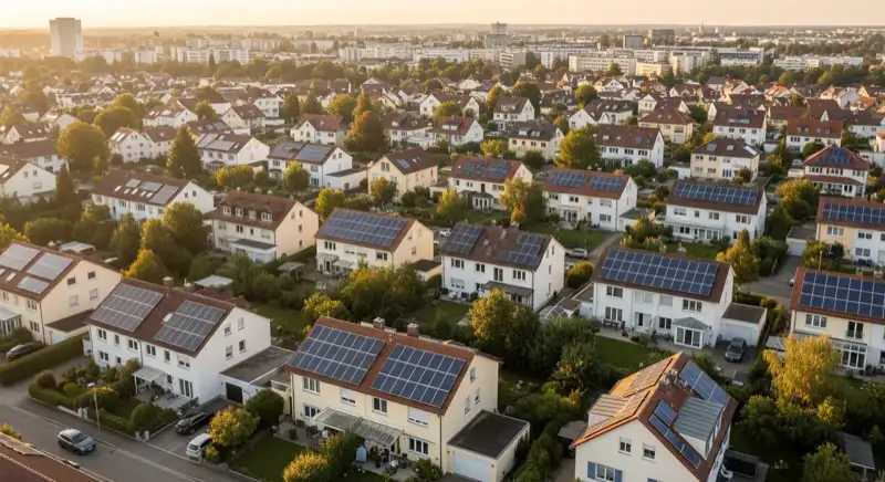 Wohngebiete in Augsburg mit verschiedenen Bauformen, typische Einfamilienhäuser und Dachstrukturen aus der Luft