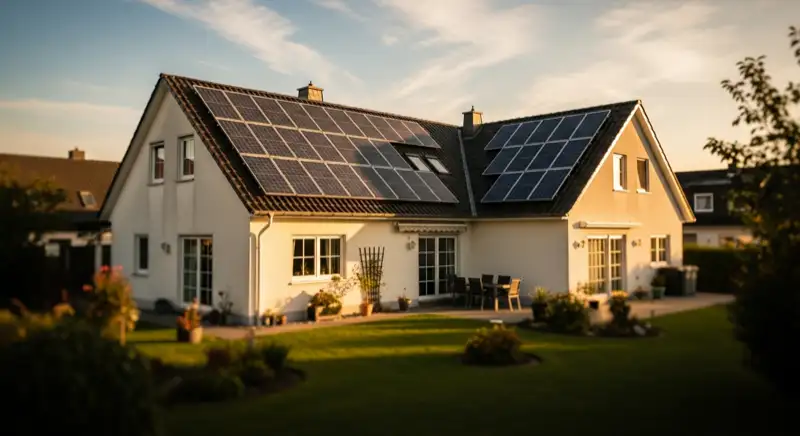 German detached house (Einfamilienhaus) with photovoltaic panels on pitched roof, well-maintained garden, warm afternoon sunlight