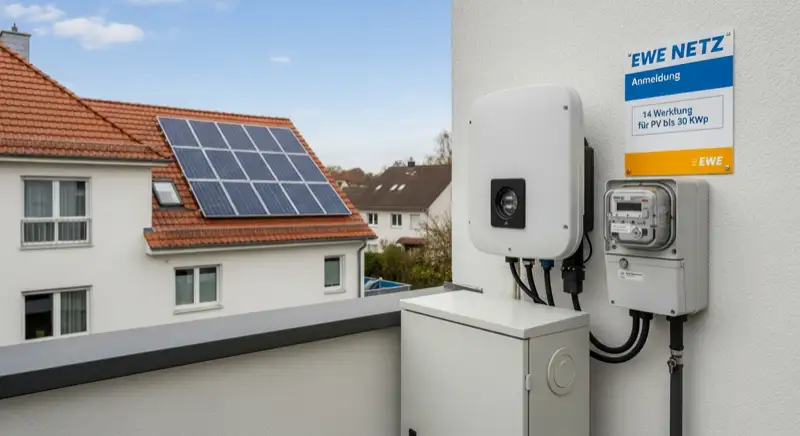 Modern German electrical meter cabinet (Zählerschrank) with smart meter and solar inverter connection, clean technical installation