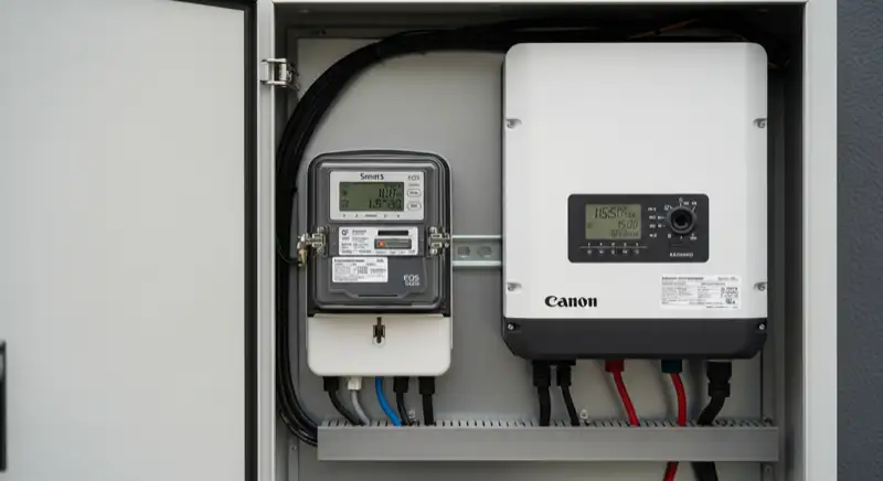 Modern German electrical meter cabinet (Zählerschrank) with smart meter and solar inverter connection, clean technical installation