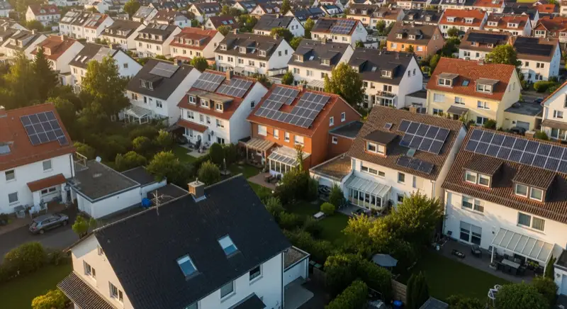 Aerial drone view of typical German residential neighborhood with mixed roof types, red and dark roof tiles, gardens visible, sunny day