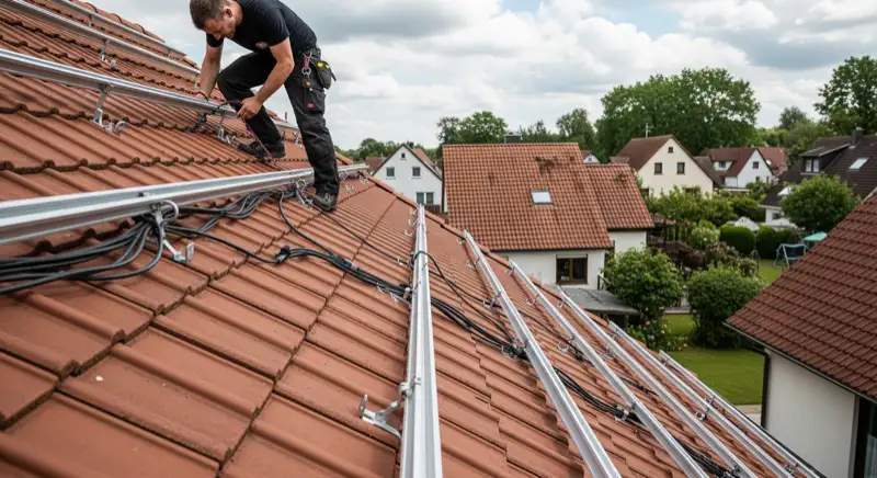 Installateur befestigt eine PV-Unterkonstruktion auf einem geneigten Ziegeldach in Bad Homburg