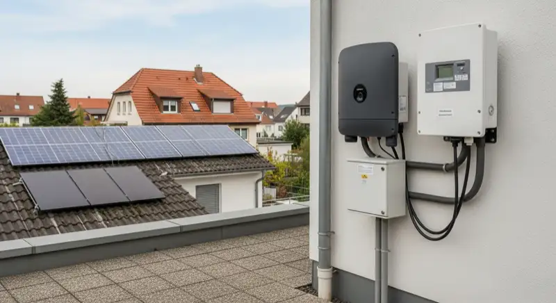 Modern German electrical meter cabinet (Zählerschrank) with smart meter and solar inverter connection, clean technical installation