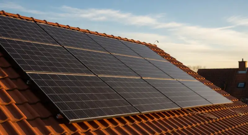 Close-up of photovoltaic solar panels installed on a traditional German Satteldach (gabled roof), blue sky with some clouds