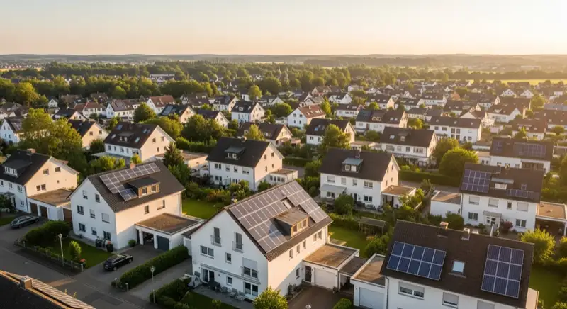 Aerial drone view of Bad Homburg residential neighborhood with multiple visible photovoltaic arrays on pitched roofs, gardens and sunny daylight