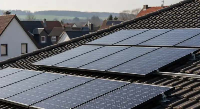 Dachlandschaft in Bad Honnef mit Solarmodulen und Blick zum Siebengebirge