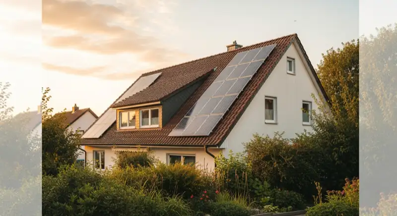 Einfamilienhaus in Bad Honnef mit Photovoltaikmodulen auf dem Satteldach und gepflegtem Garten