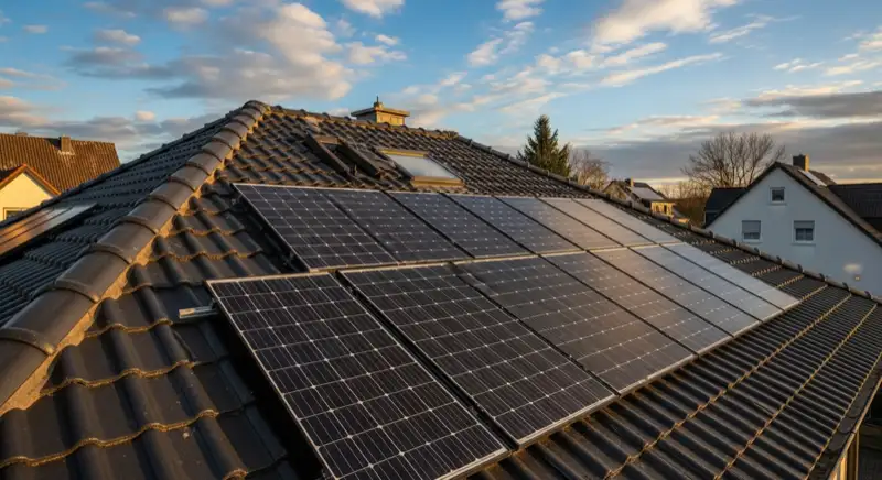 Close-up of photovoltaic solar panels installed on a traditional German Satteldach (gabled roof), blue sky with some clouds
