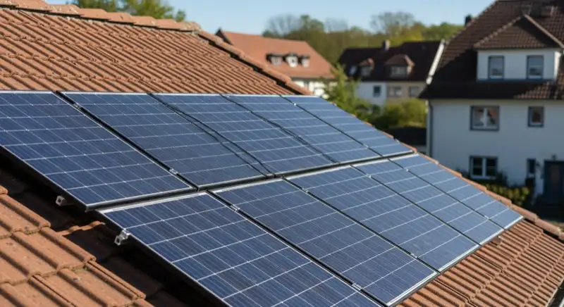 Nahaufnahme sauber montierter Photovoltaikmodule auf einem deutschen Satteldach