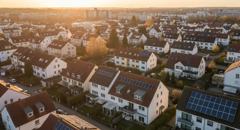 Aerial drone view of typical German residential neighborhood with mixed roof types, red and dark roof tiles, gardens visible, sunny day