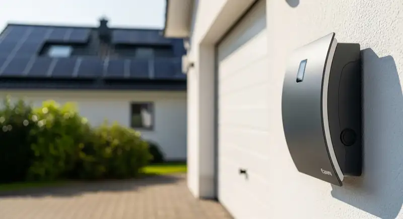 Garage eines Wohnhauses in Bad Honnef mit Wallbox und Photovoltaikdach im Hintergrund