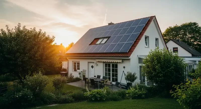 German detached house (Einfamilienhaus) with photovoltaic panels on pitched roof, well-maintained garden, warm afternoon sunlight