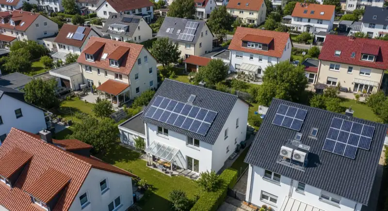 Aerial drone view of typical German residential neighborhood with mixed roof types, red and dark roof tiles, gardens visible, sunny day