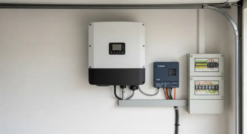 Modern solar inverter mounted on garage wall next to electrical panel, clean professional installation, natural daylight