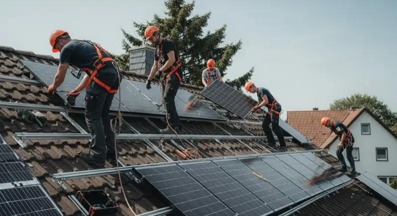 Solarinstallateur bei der Montage auf einem Bergheimer Dach