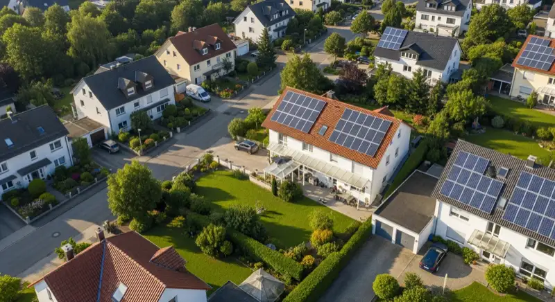 Bergheimer Wohnviertel mit mehreren Solaranlagen auf Reihenhäusern
