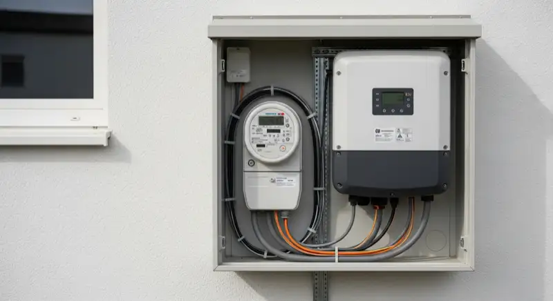 Modern German electrical meter cabinet (Zählerschrank) with smart meter and solar inverter connection, clean technical installation