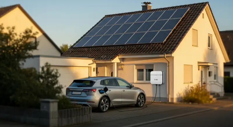 Einfamilienhaus in Bergheim mit Solaranlage auf dem Dach und weißer 11-kW-Wallbox an der Hauswand, davor ein ladendes Elektroauto