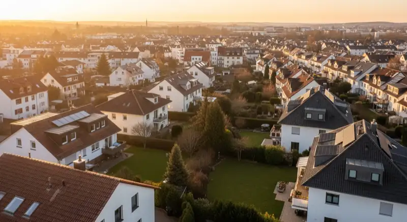 Aerial drone view of typical German residential neighborhood with mixed roof types, red and dark roof tiles, gardens visible, sunny day