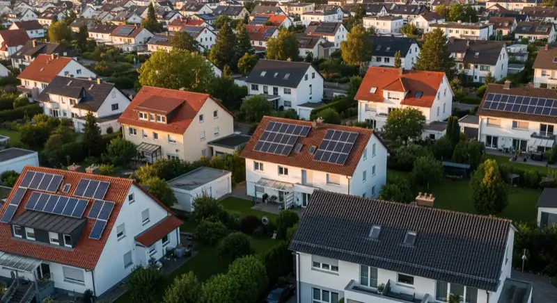 Aerial drone view of typical German residential neighborhood with mixed roof types, red and dark roof tiles, gardens visible, sunny day