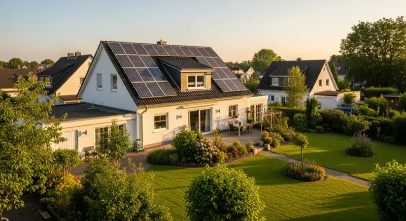 German detached house (Einfamilienhaus) with photovoltaic panels on pitched roof, well-maintained garden, warm afternoon sunlight