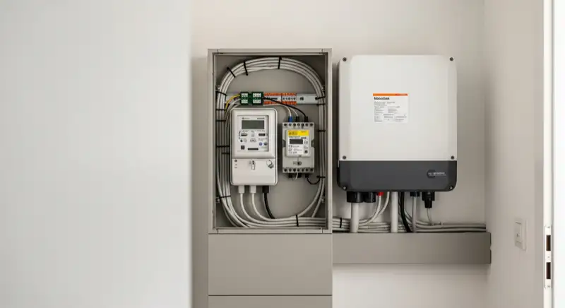 Modern German electrical meter cabinet (Zählerschrank) with smart meter and solar inverter connection, clean technical installation