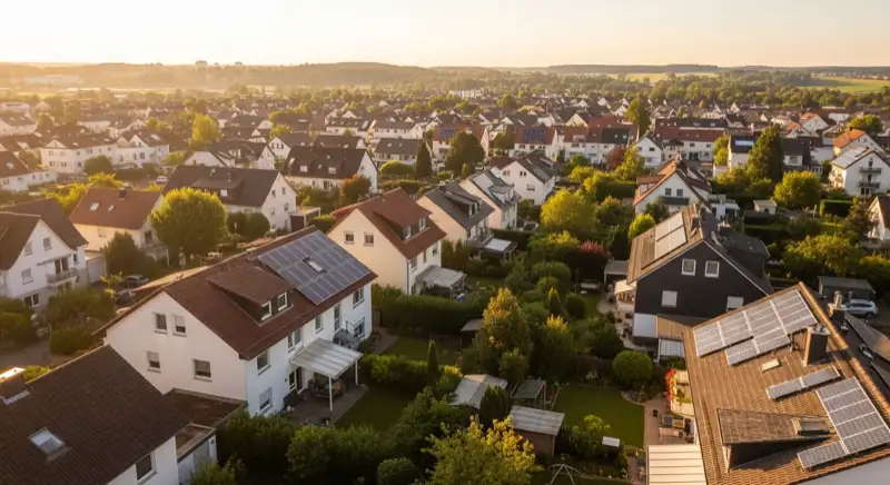 Aerial drone view of typical German residential neighborhood with mixed roof types, red and dark roof tiles, gardens visible, sunny day