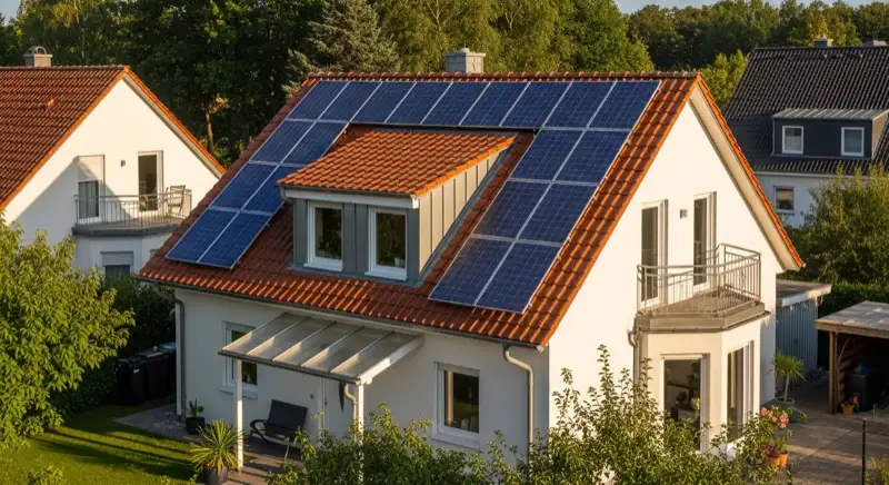 German detached house (Einfamilienhaus) with photovoltaic panels on pitched roof, well-maintained garden, warm afternoon sunlight