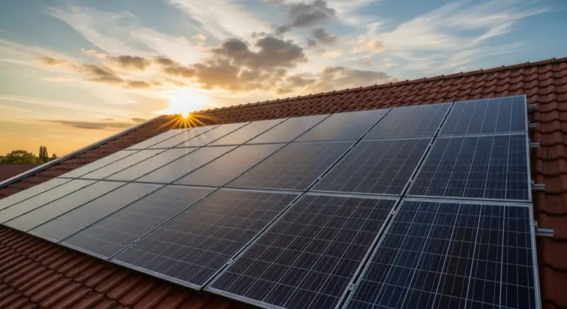 Close-up of photovoltaic solar panels installed on a traditional German Satteldach (gabled roof), blue sky with some clouds