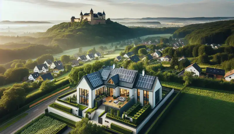 Einfamilienhaus mit PV Anlage in Bielefeld, Sparrenburg und Teutoburger Wald im Hintergrund