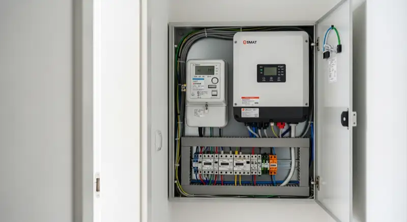 Modern German electrical meter cabinet (Zählerschrank) with smart meter and solar inverter connection, clean technical installation