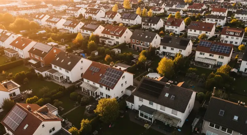 Aerial drone view of typical German residential neighborhood with mixed roof types, red and dark roof tiles, gardens visible, sunny day