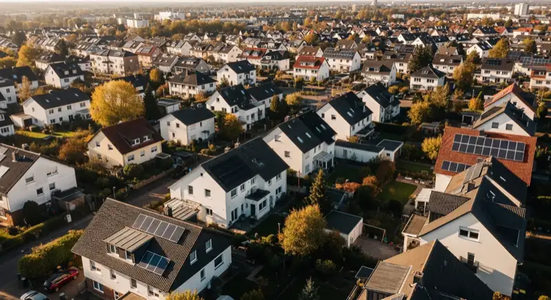 Aerial drone view of typical German residential neighborhood with mixed roof types, red and dark roof tiles, gardens visible, sunny day