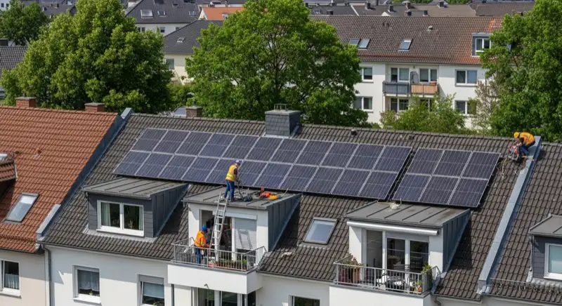 Solartechniker bei der Wartung einer PV-Anlage auf einem Bielefelder Hausdach