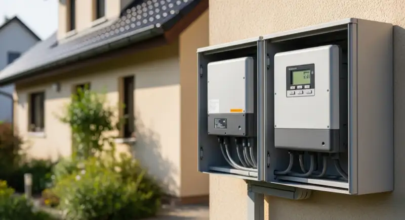 Modern German electrical meter cabinet (Zählerschrank) with smart meter and solar inverter connection, clean technical installation