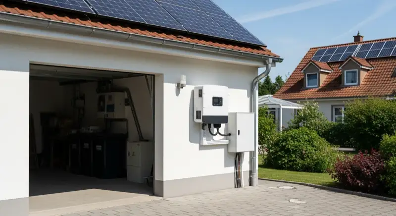 Modern solar inverter mounted on garage wall next to electrical panel, clean professional installation, natural daylight