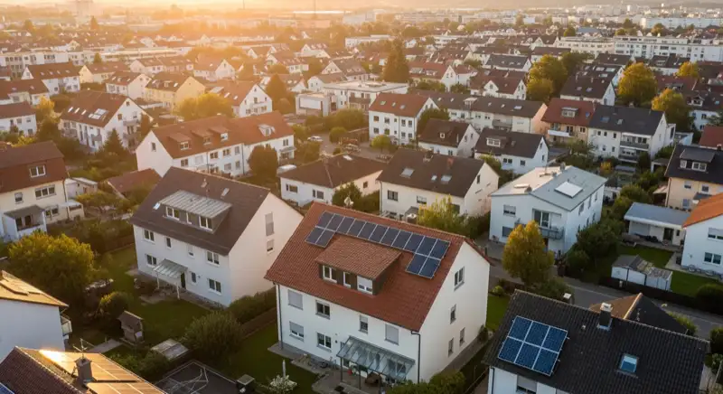 Aerial drone view of typical German residential neighborhood with mixed roof types, red and dark roof tiles, gardens visible, sunny day