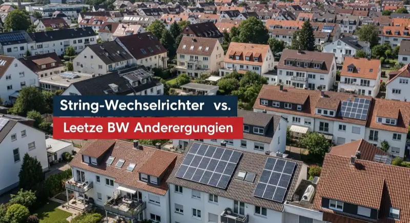 Aerial drone view of typical German residential neighborhood with mixed roof types, red and dark roof tiles, gardens visible, sunny day