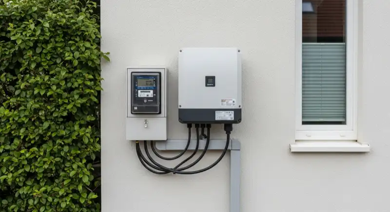 Modern German electrical meter cabinet (Zählerschrank) with smart meter and solar inverter connection, clean technical installation