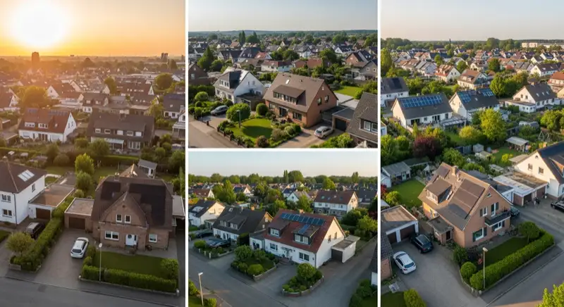 Aerial drone view of typical German residential neighborhood with mixed roof types, red and dark roof tiles, gardens visible, sunny day