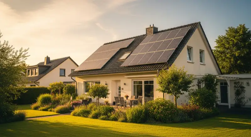 German detached house (Einfamilienhaus) with photovoltaic panels on pitched roof, well-maintained garden, warm afternoon sunlight