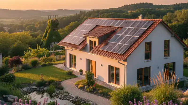 Einfamilienhaus mit PV Anlage in Bochum, Ruhrgebiets-Architektur mit grüner Umgebung