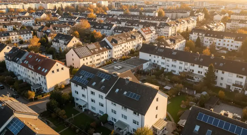 Aerial drone view of typical German residential neighborhood with mixed roof types, red and dark roof tiles, gardens visible, sunny day